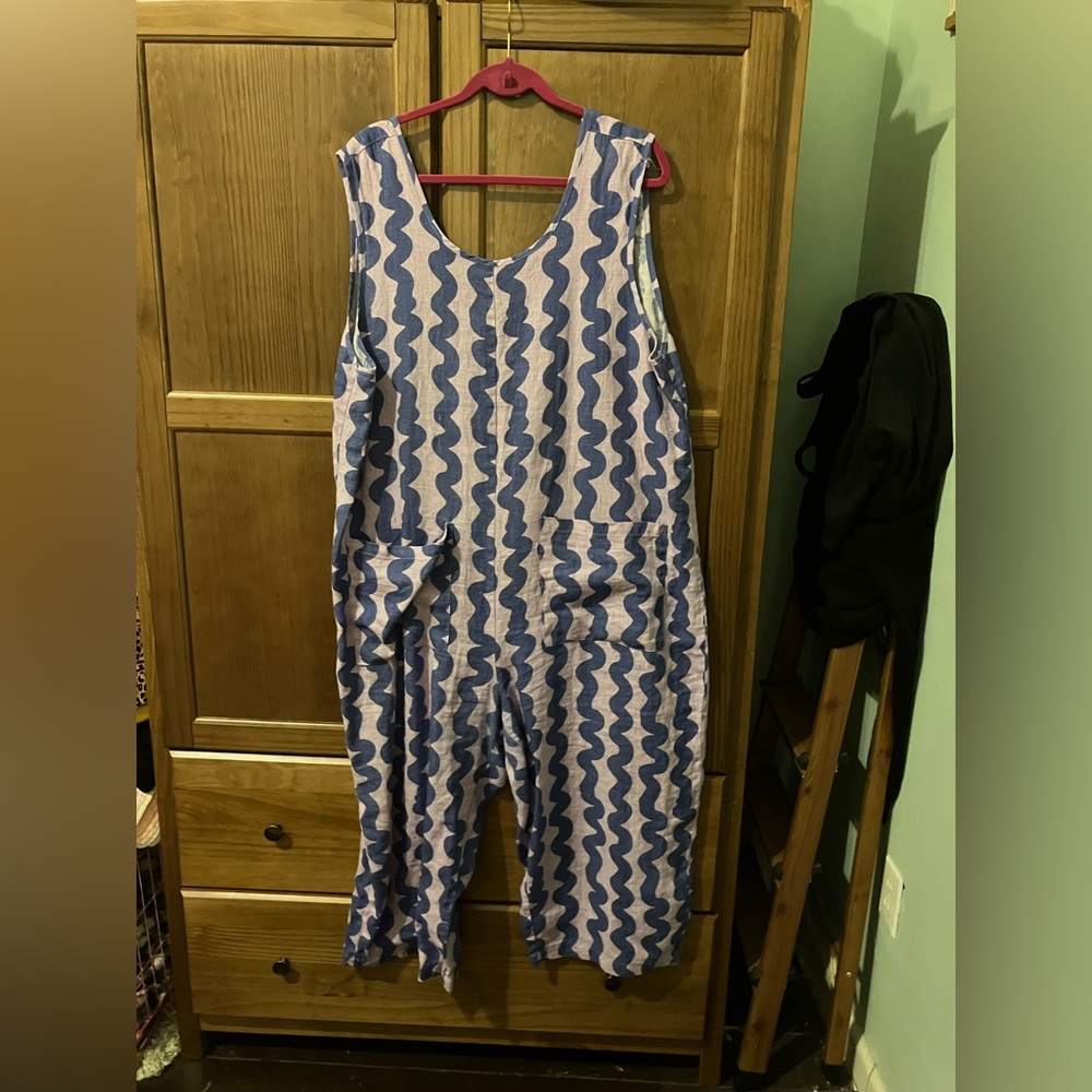 Nooworks Blue and White Wavy-Stripe Jumpsuit